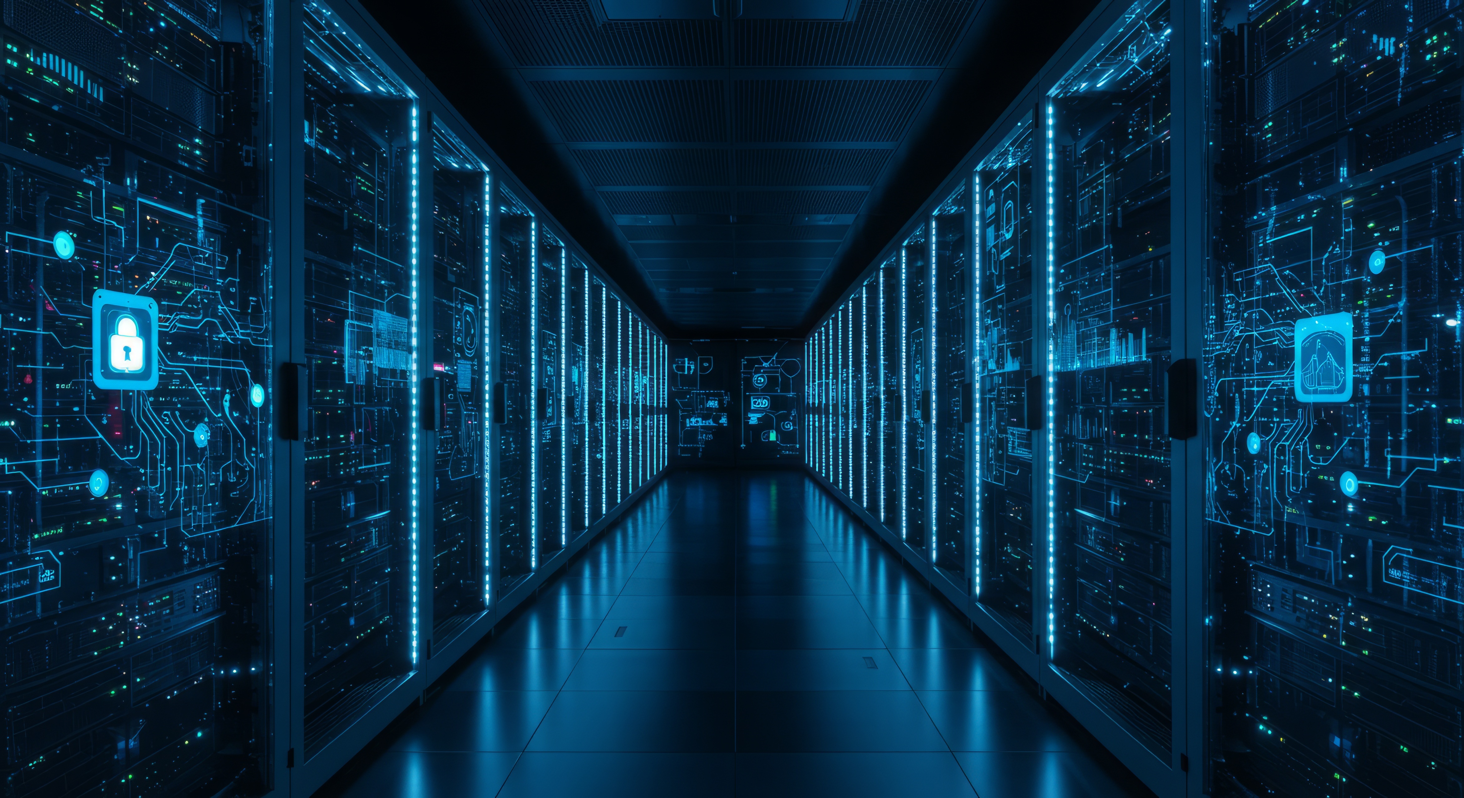 Modern server room data center with security and digital network